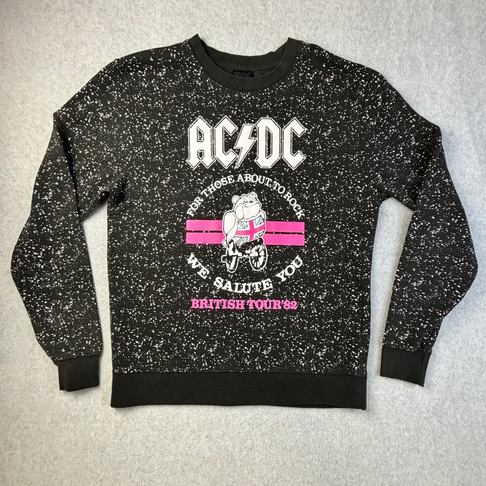 ACDC British Tour 82 Graphic Sweatshirt Black Speckled Crewneck Pulloverā M